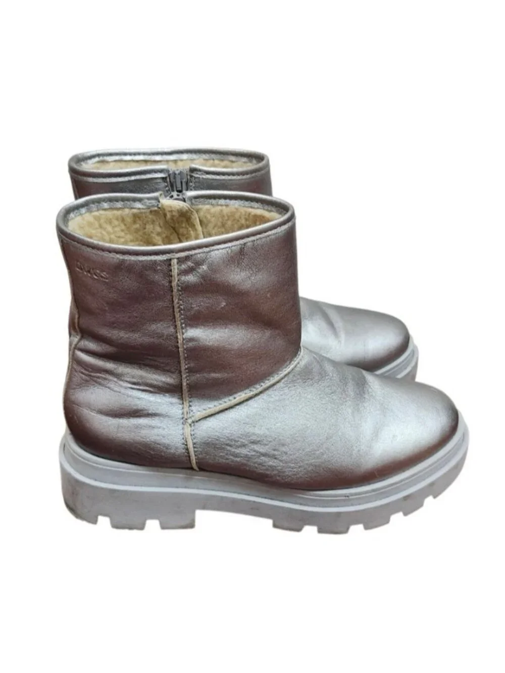DWRS Metallic Silver Leather Ankle Boots Shearling Lined Platform Lug Sole 10.5